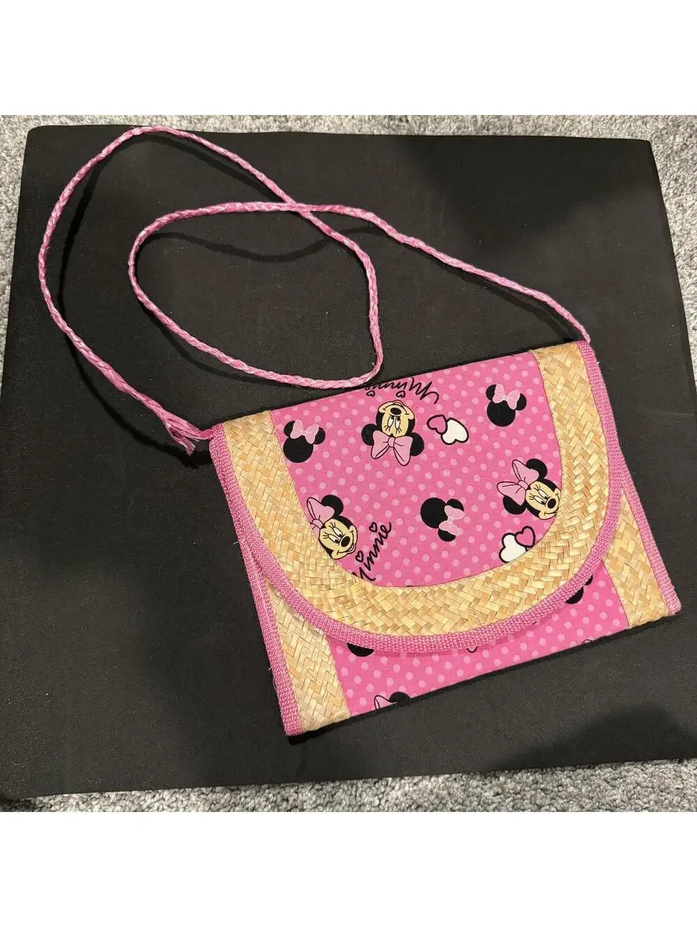 Pink Minnie Mouse Crossbody Bag with Woven Straw Accents